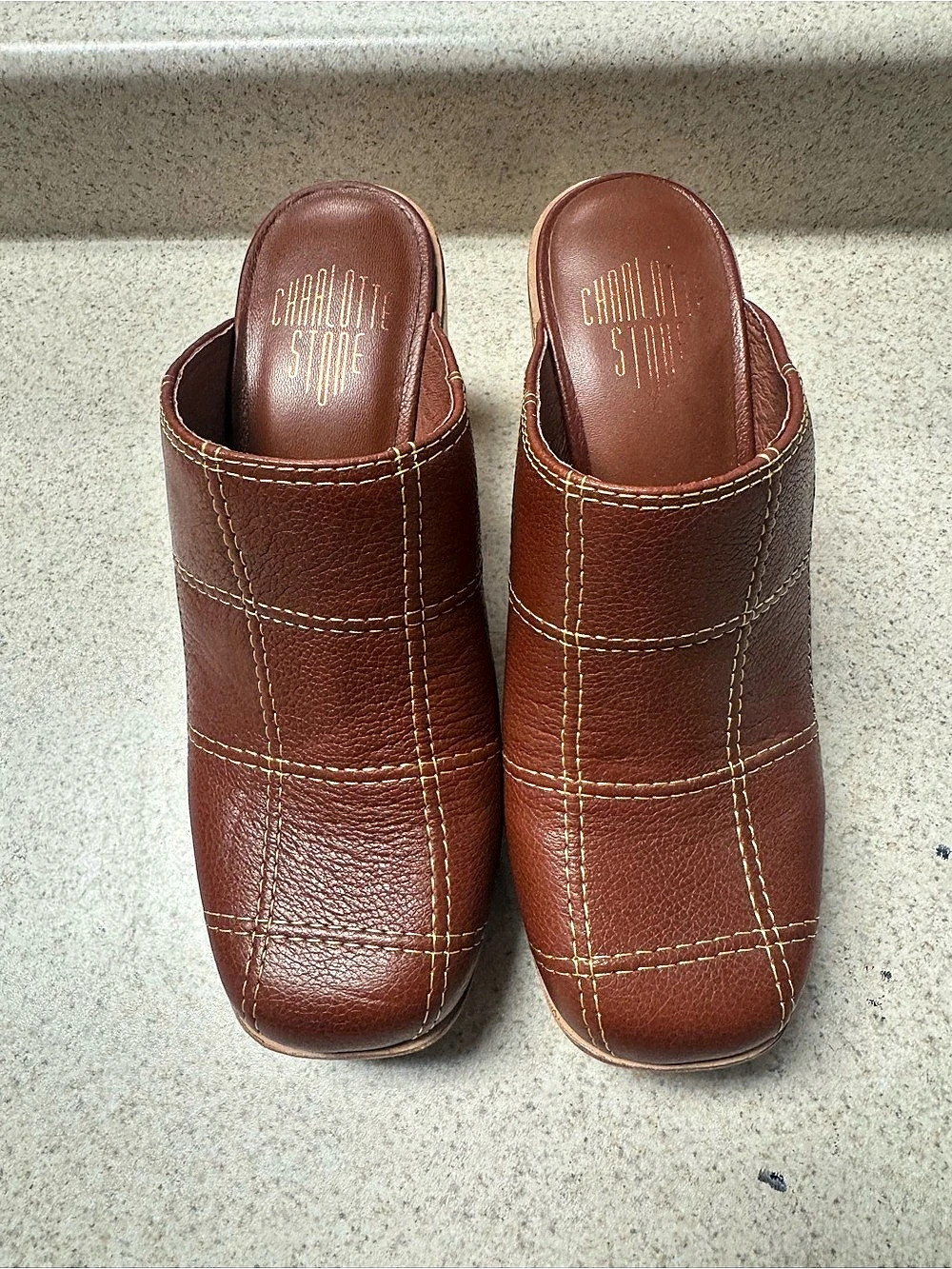Charlotte Stone Brown Pebbled Leather Grid Stitched Wooden Platform Clogs Size8